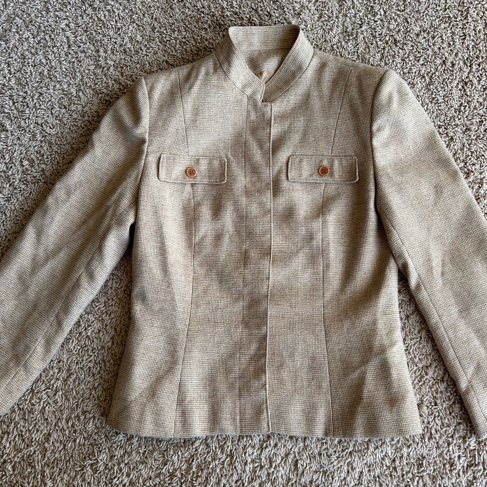 Vintage Union made, Tan Blazer with Mandarin Collar and Tailored Fit